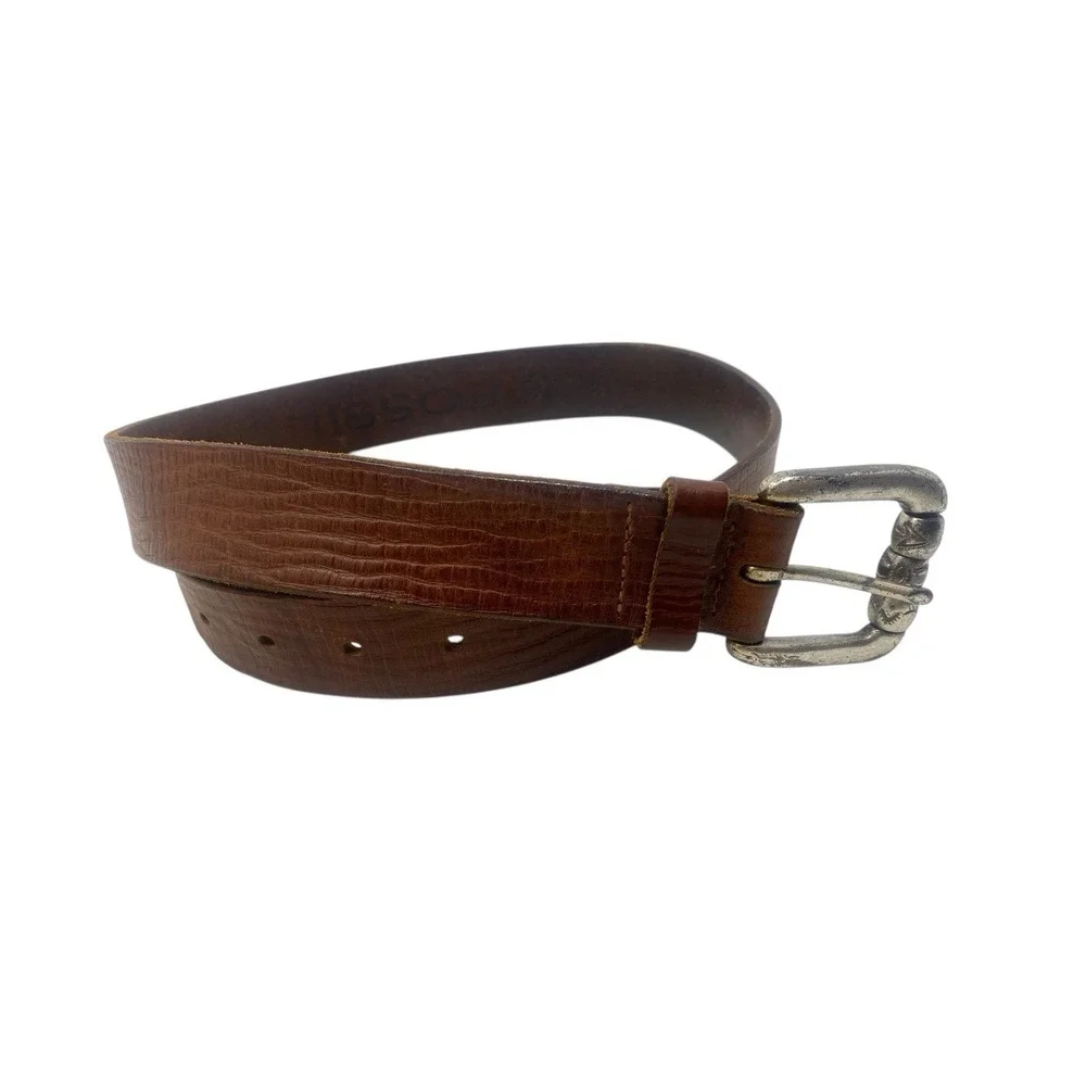Fossil Womens Genuine Brown Textured Leather Belt Aztec Symbol Buckle Size M